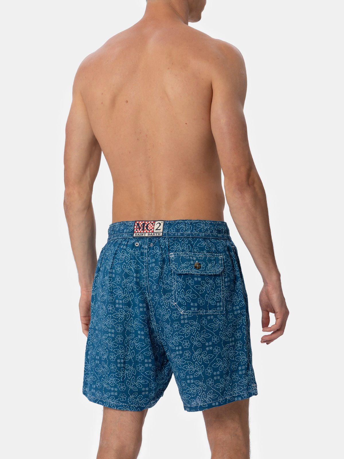 Man mid-length linen swim-shorts Gustavia with sashiko print - MC2 Saint Barth
