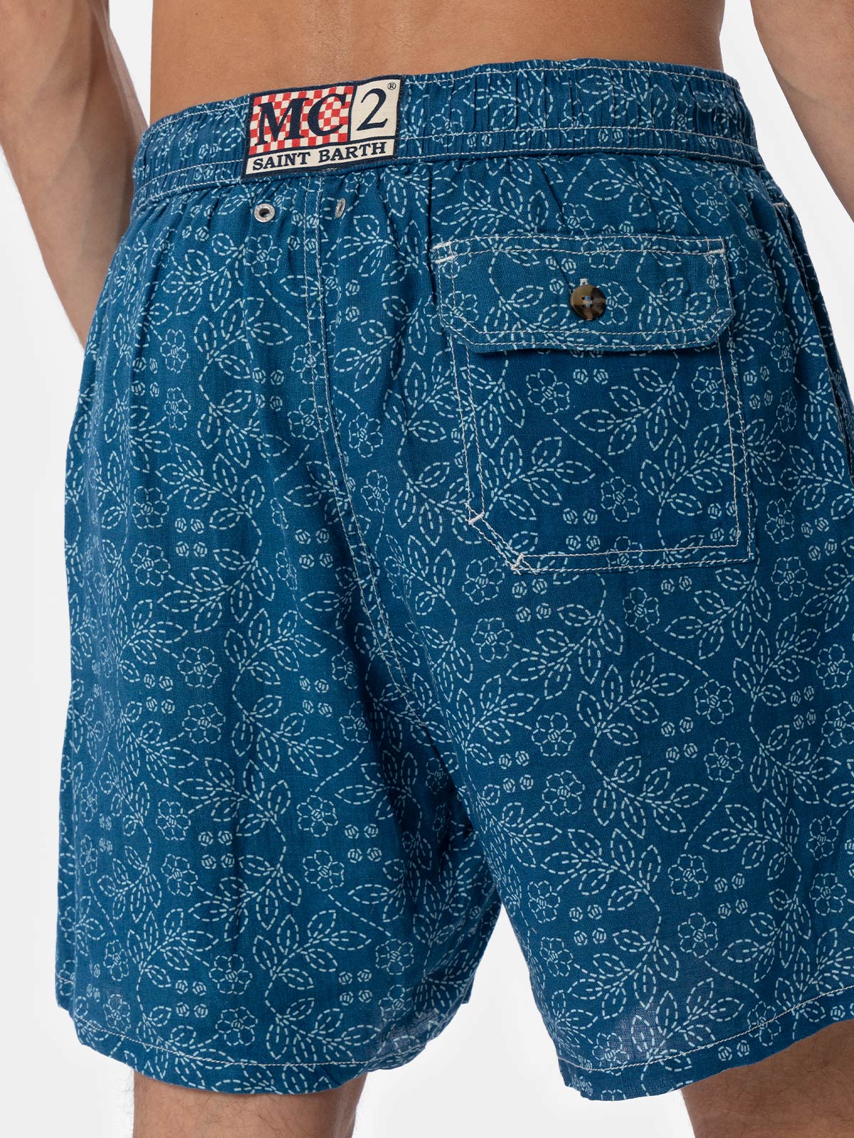 Man mid-length linen swim-shorts Gustavia with sashiko print - MC2 Saint Barth