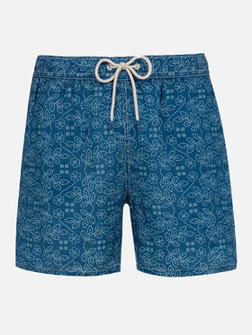 Man mid-length linen swim-shorts Gustavia with sashiko print - MC2 Saint Barth