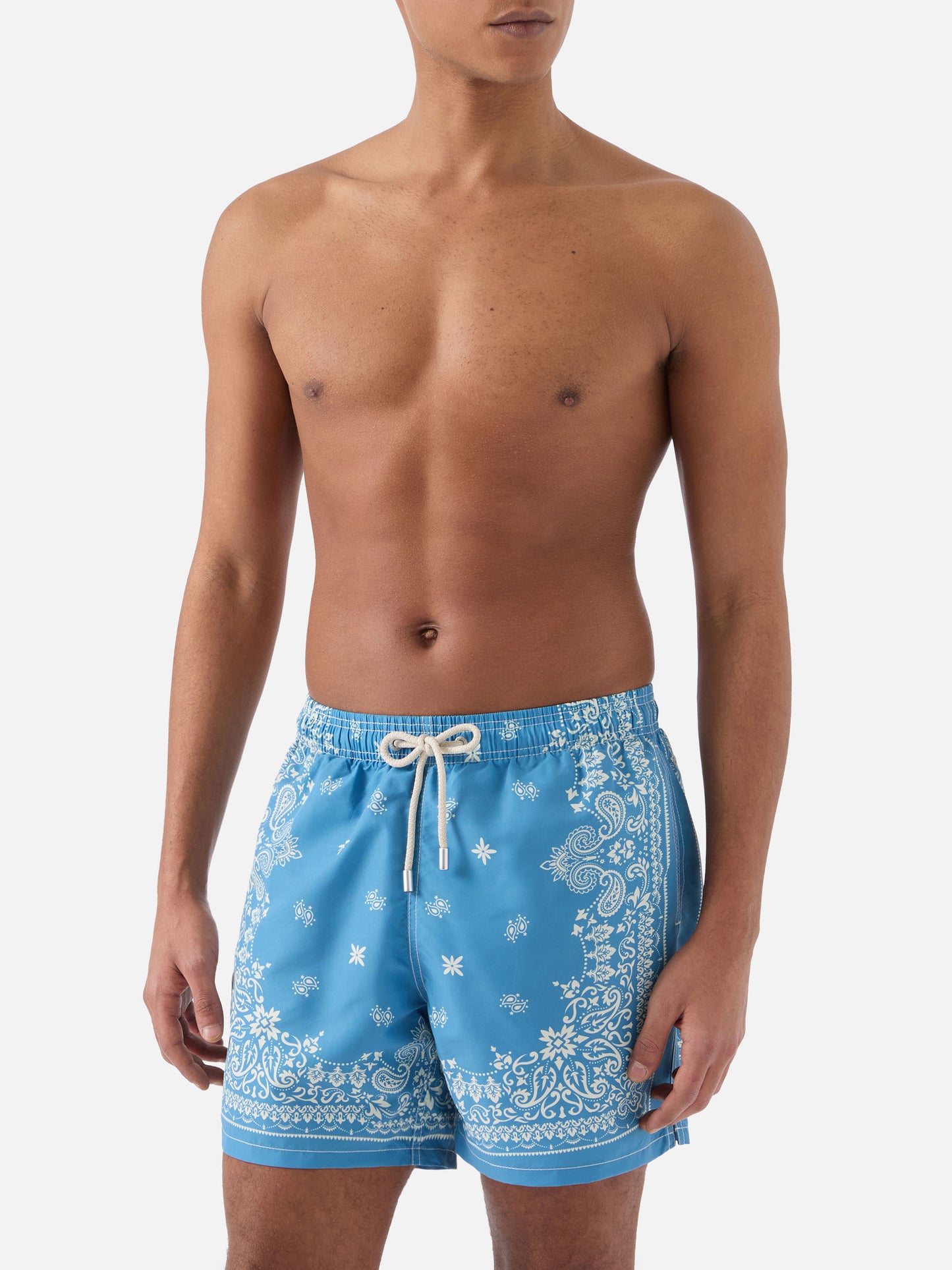 Gustavia light blue swim shorts with bandana print