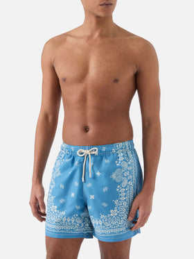 Gustavia light blue swim shorts with bandana print