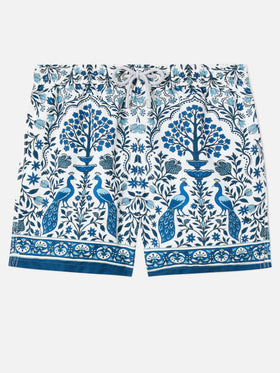 Short de bain blanc Gustavia avec imprimé paon contrasté 