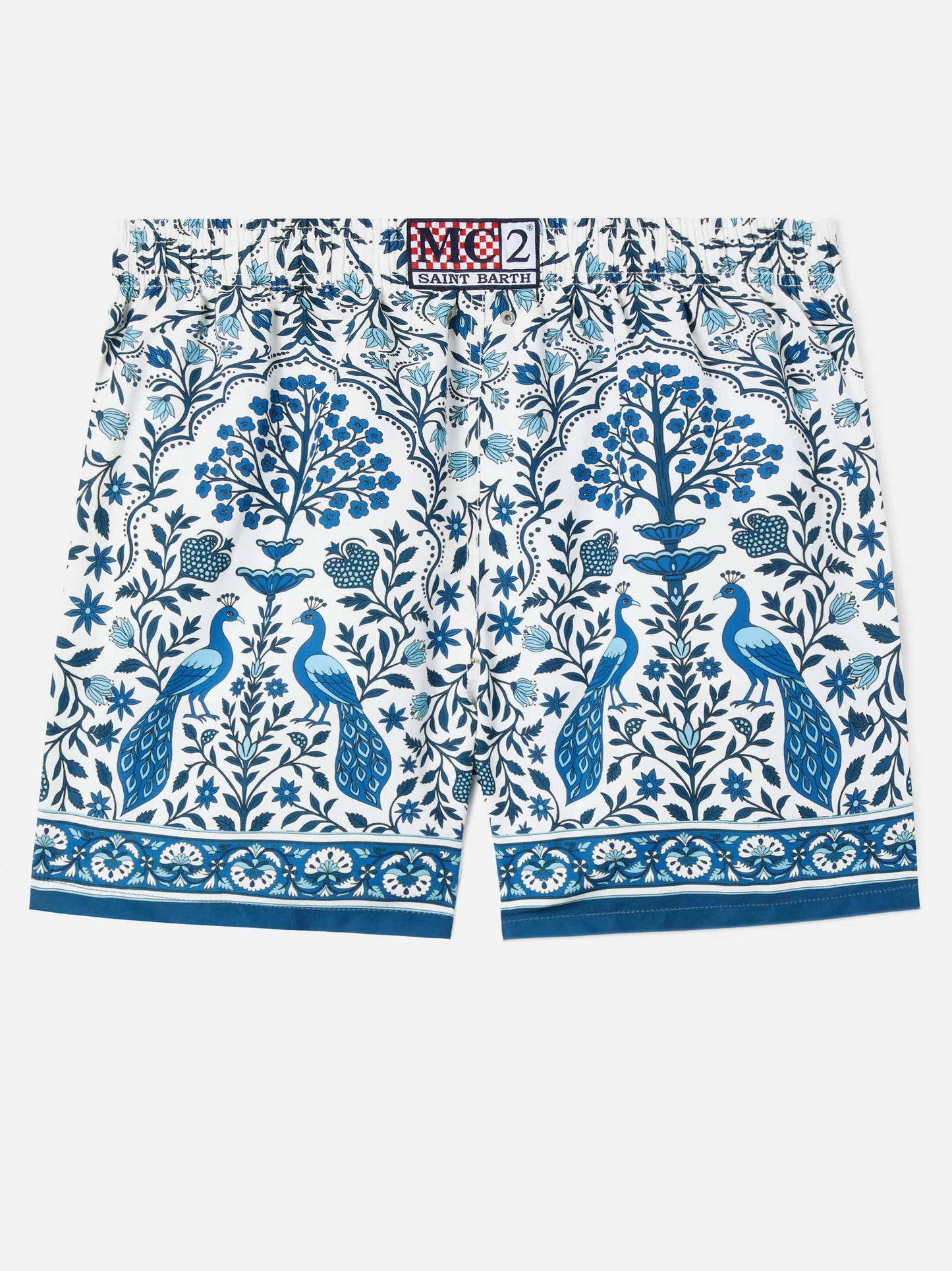 Short de bain blanc Gustavia avec imprimé paon contrasté 