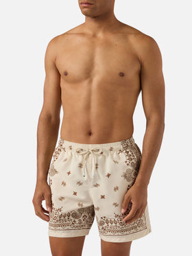 Gustavia beige swim shorts with bandana print