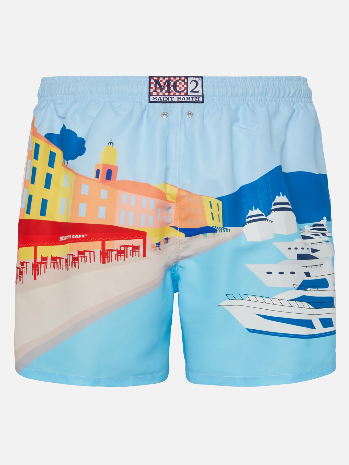 Mid-length Gustavia swim-shorts with St. Tropez postcard placed print