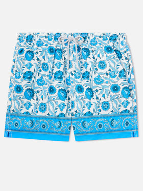Gustavia swim shorts with blue batik floral print