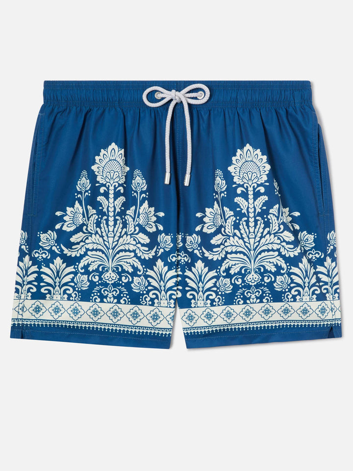 Short de bain bleu Gustavia à imprimé floral ornemental 