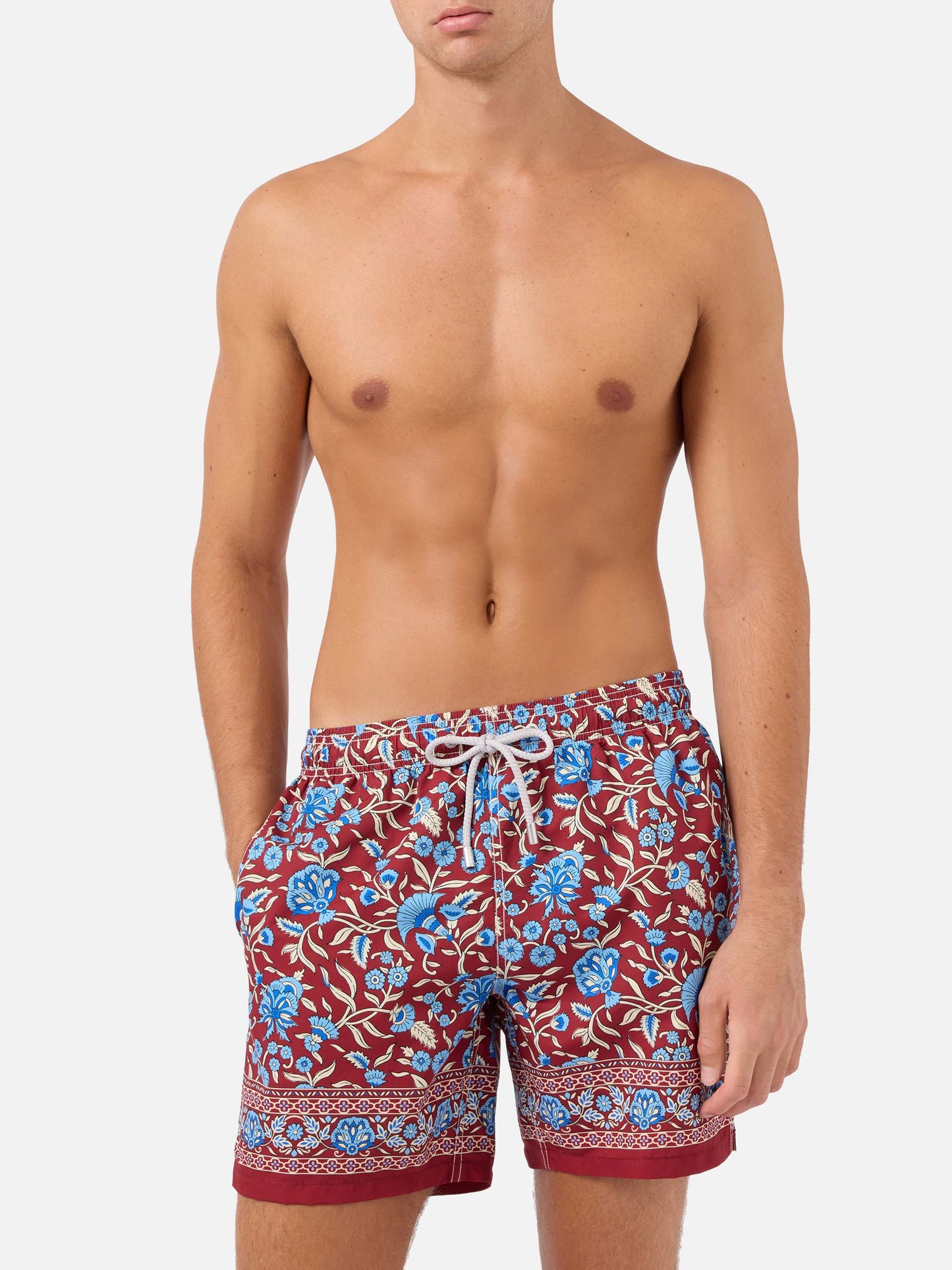 Gustavia burgundy swim shorts with floral print