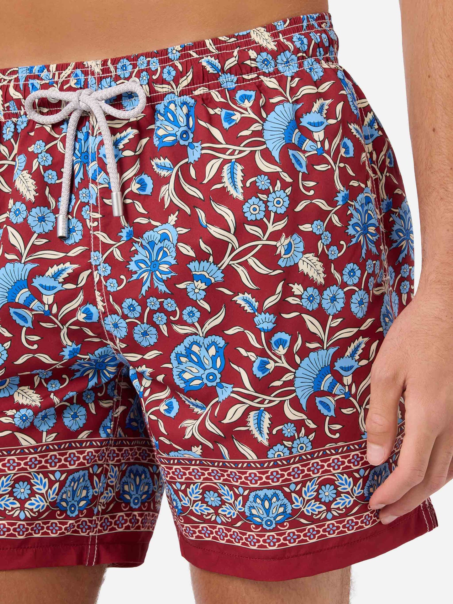 Gustavia burgundy swim shorts with floral print