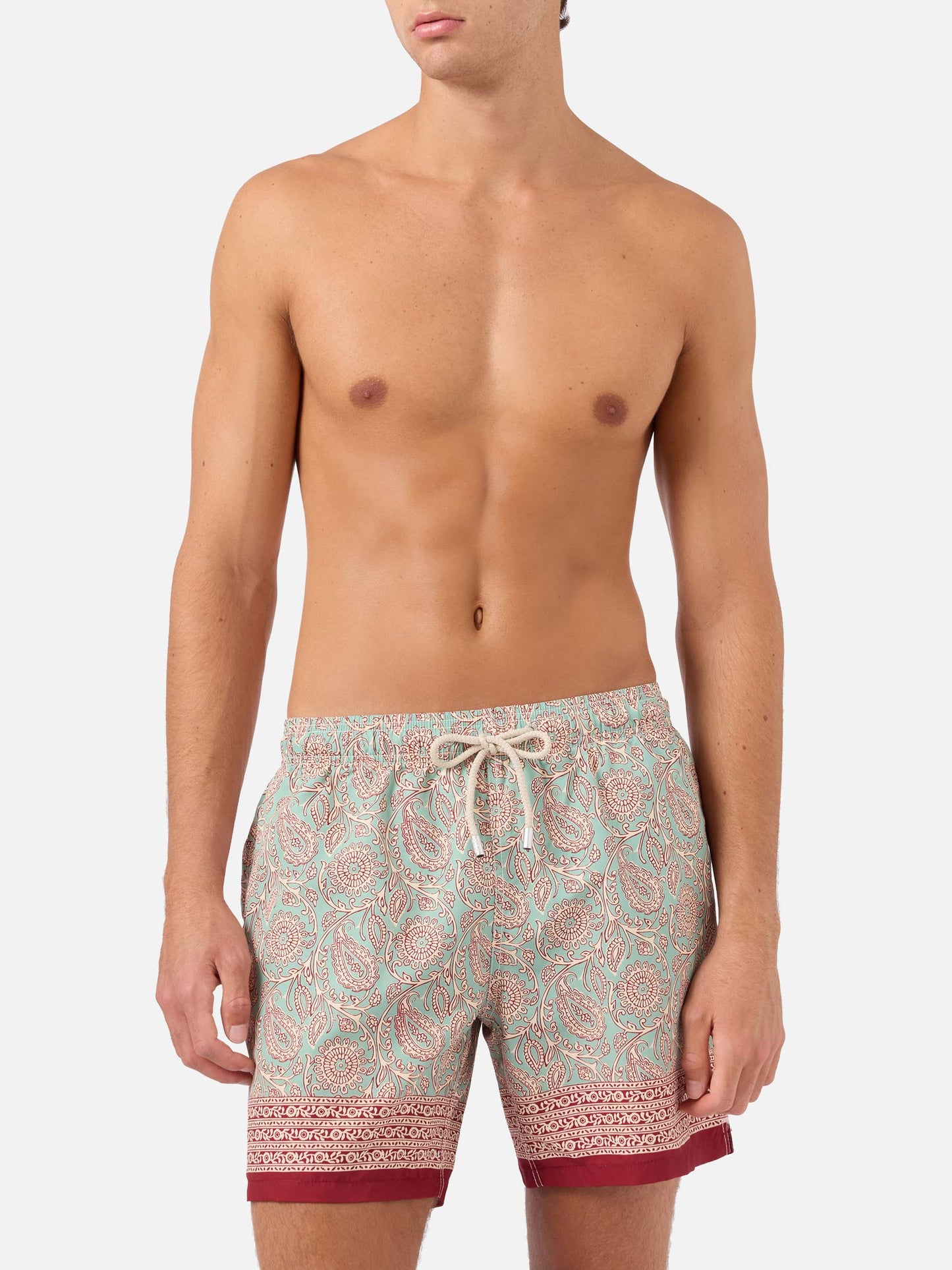Short de bain Gustavia vert aqua avec imprimé paisley contrastant 