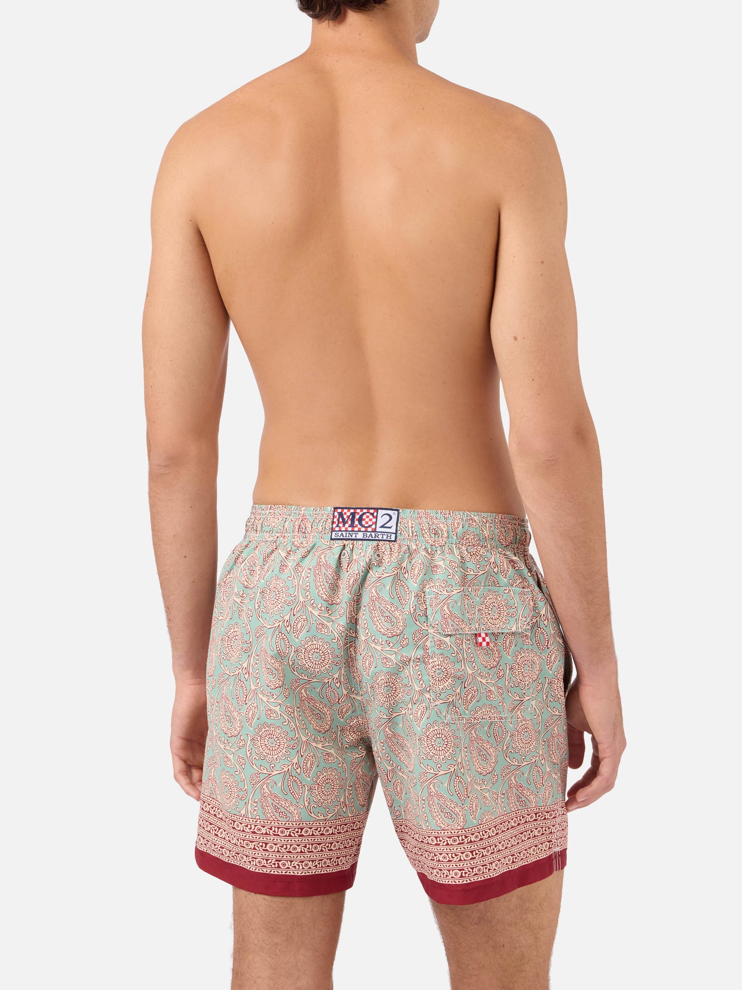 Short de bain Gustavia vert aqua avec imprimé paisley contrastant 