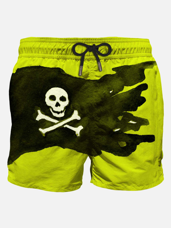 Mid-length swim shorts with skull flag placed print