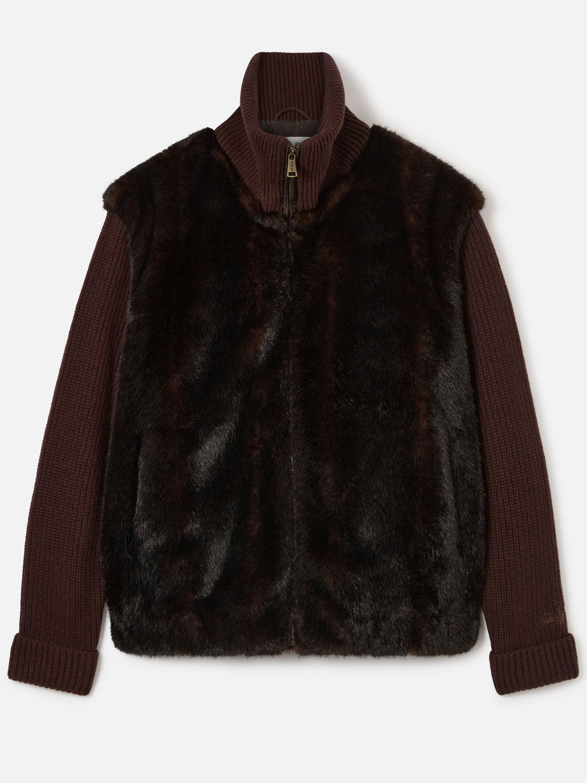 Braun-graue Jacke aus Kunstpelz mit gerippten Strickärmeln 