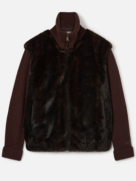 Braun-graue Jacke aus Kunstpelz mit gerippten Strickärmeln 