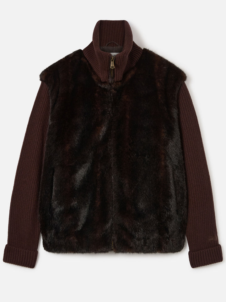 Veste en fausse fourrure brun-gris avec manches en maille côtelée 