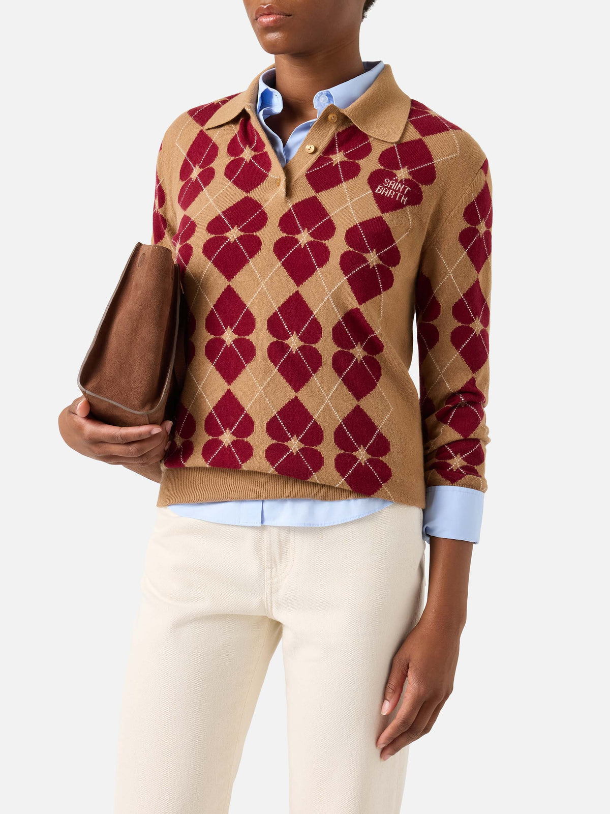 Punto Hadidy de mezcla de lana y cachemira con cuello polo, motivo argyle y corazones 