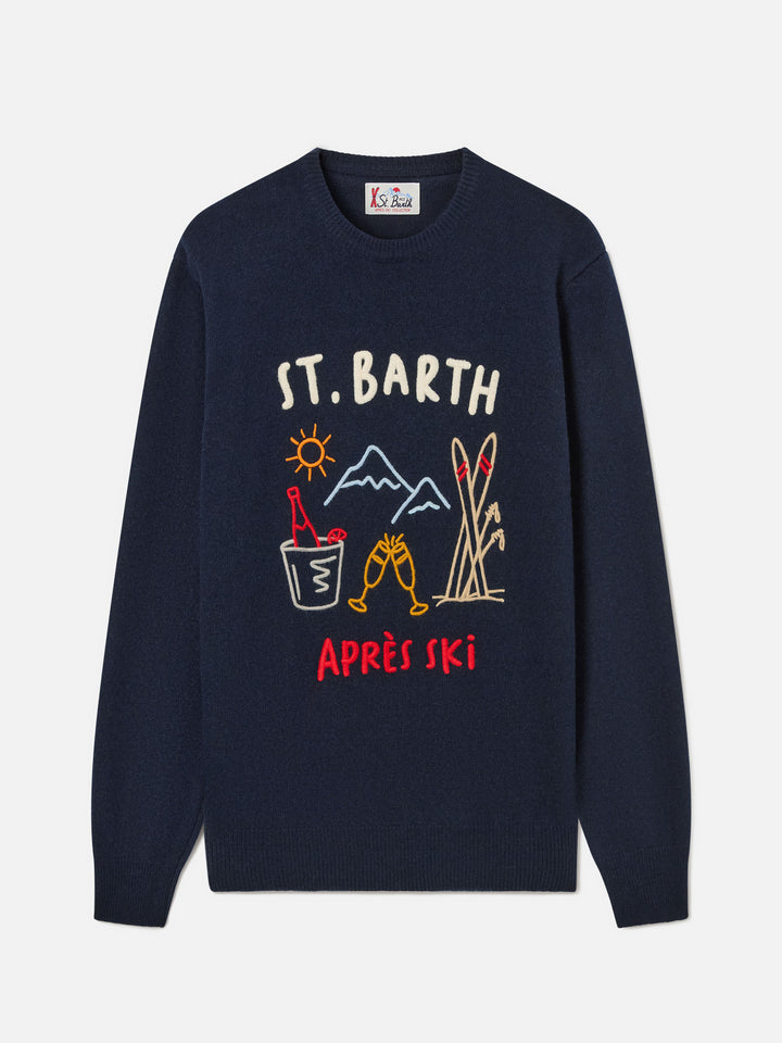 Navy blue Heron crewneck knit with Après Ski intarsia and embroidery
