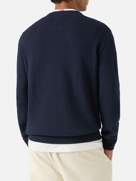 Marineblauer blue Heron Rundhals-Strickpullover mit Après Ski Intarsie und Stickerei 