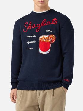 Blauer Pullover mit Reihermotiv und Sbagliato-Stickerei