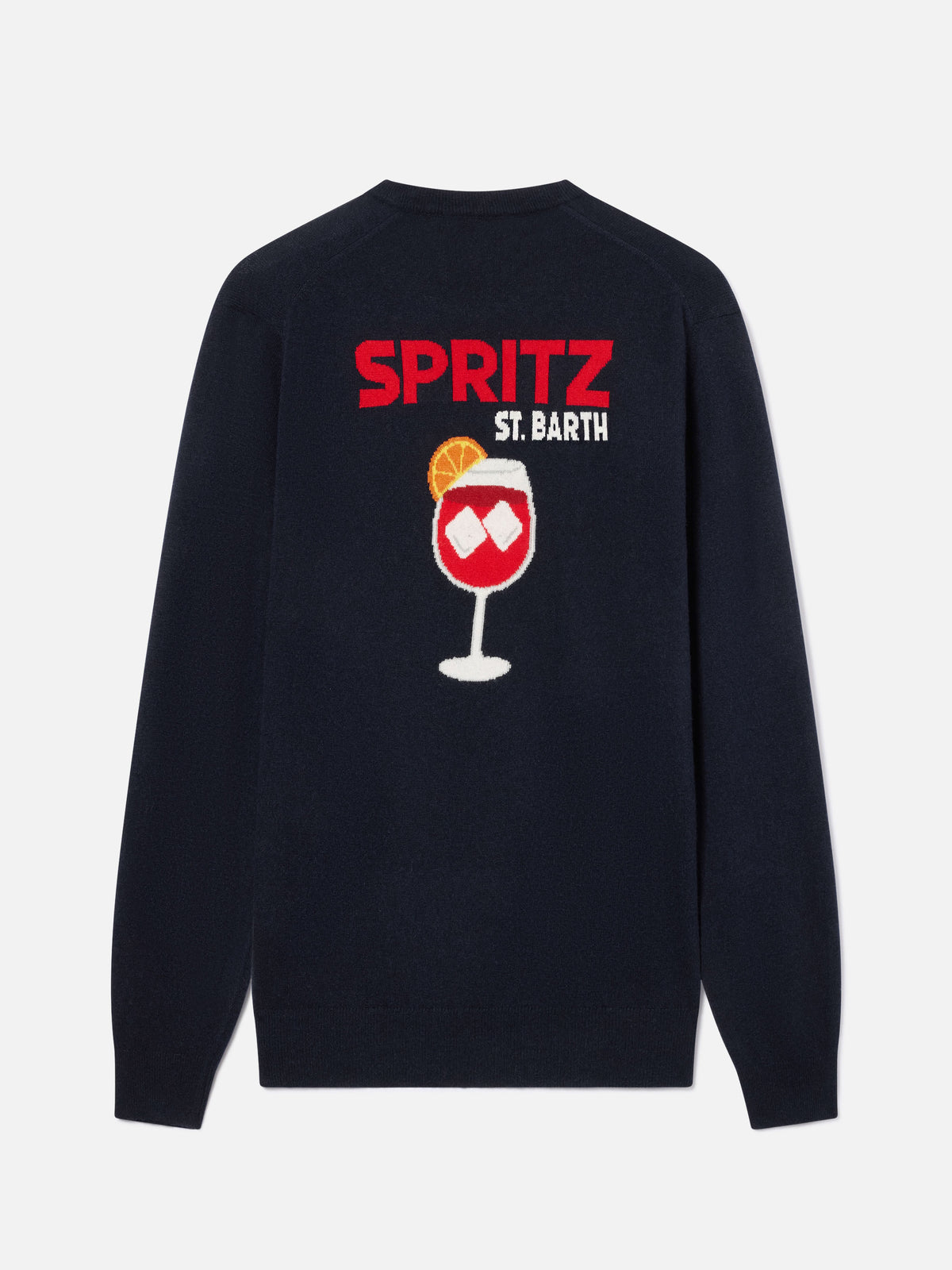 Navy blue Heron crewneck knit with back Spritz intarsia and embroidery