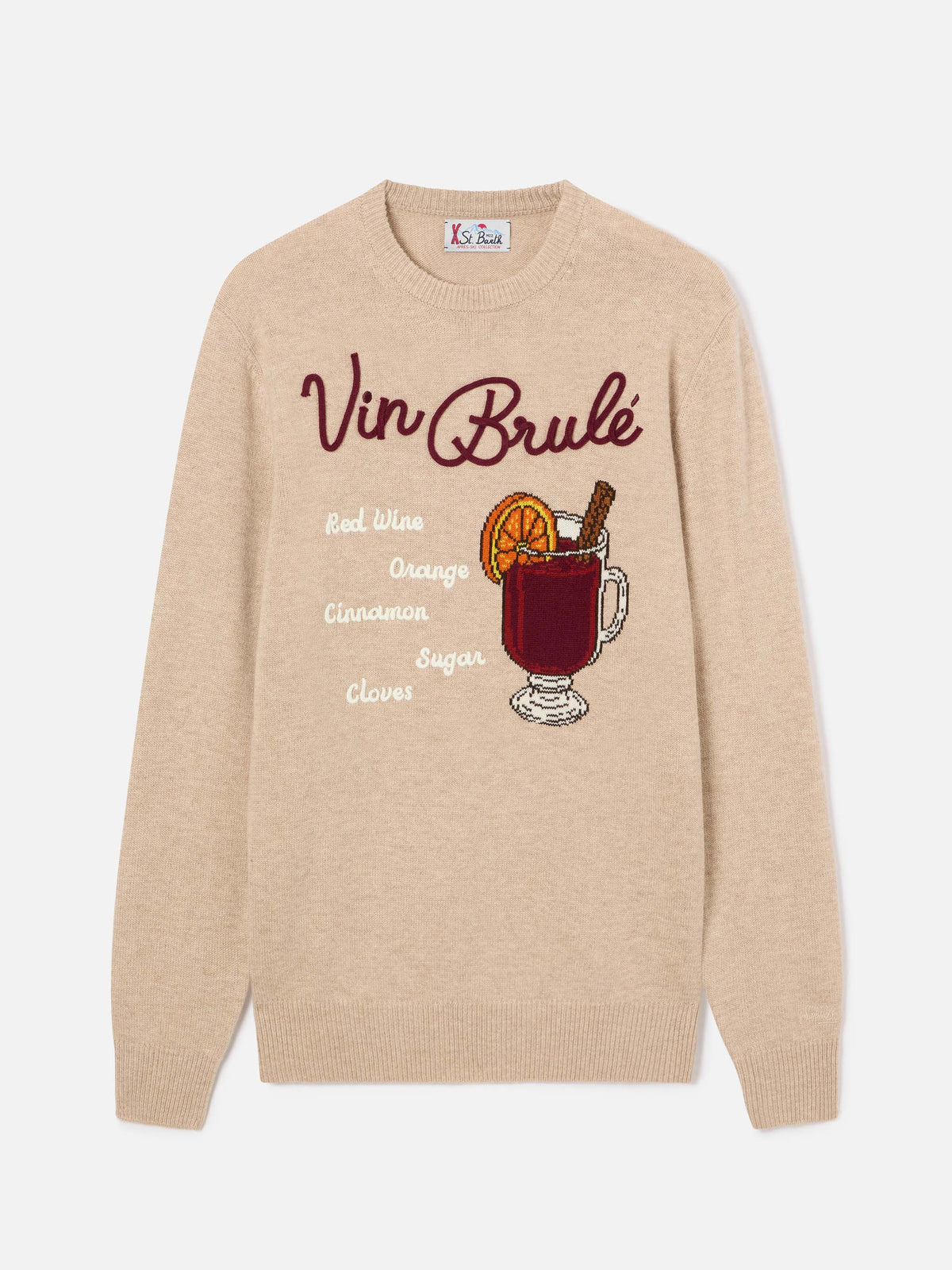 Jersey de punto beige de cuello redondo Heron con intarsia y bordado Vin Brulé 