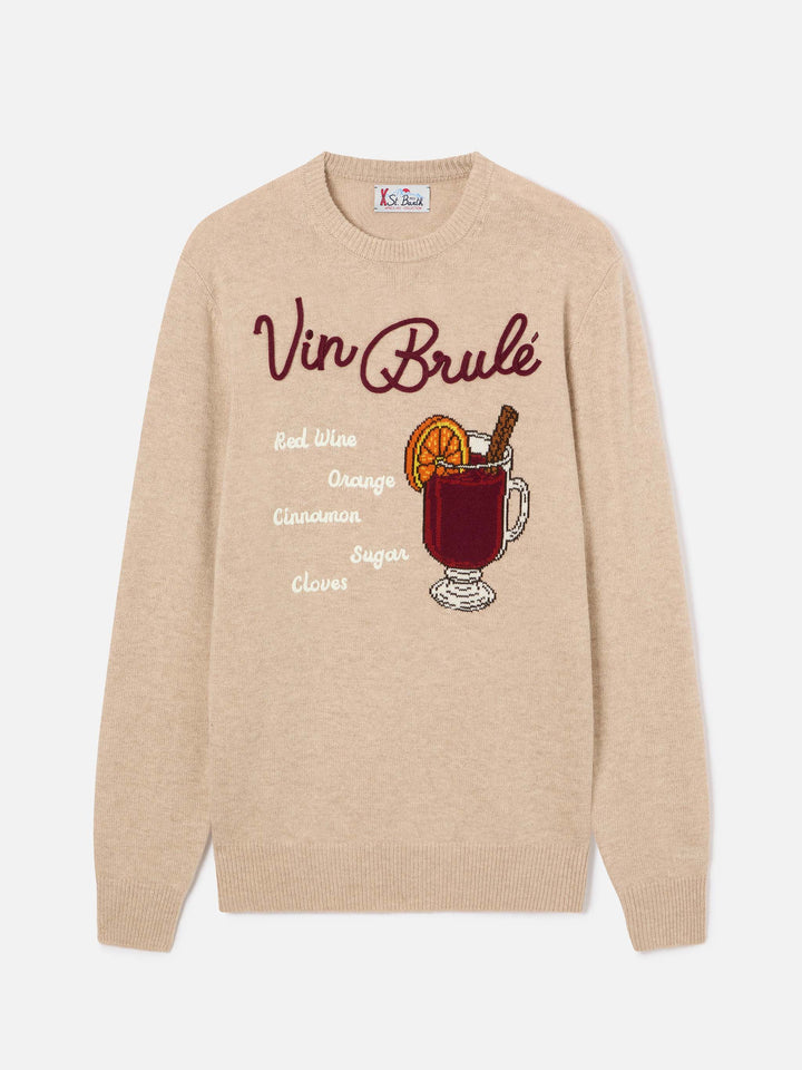 Beige Heron crewneck knit with Vin Brulé intarsia and embroidery