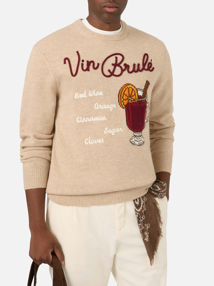 Beige Heron crewneck knit with Vin Brulé intarsia and embroidery