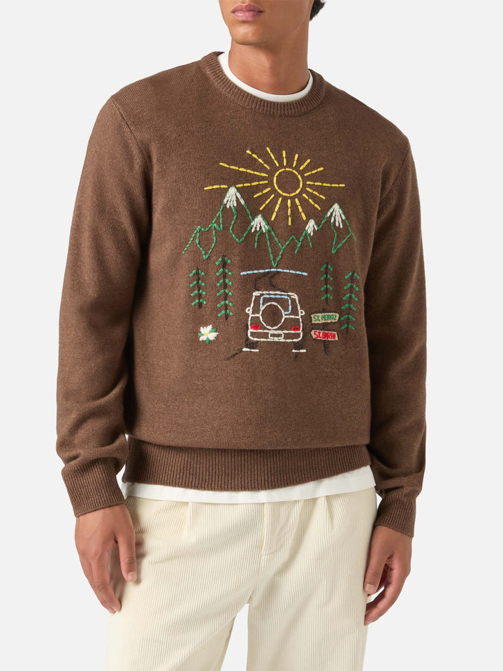 Jersey de punto con cuello redondo Brown Heron con bordado St. Moritz 