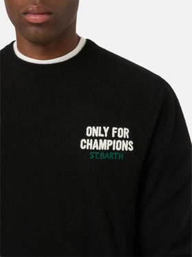 Schwarzer Rundhalspullover mit „Only For Champions“-Intarsie und Stickerei auf der Rückseite 