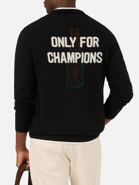 Schwarzer Rundhalspullover mit „Only For Champions“-Intarsie und Stickerei auf der Rückseite 