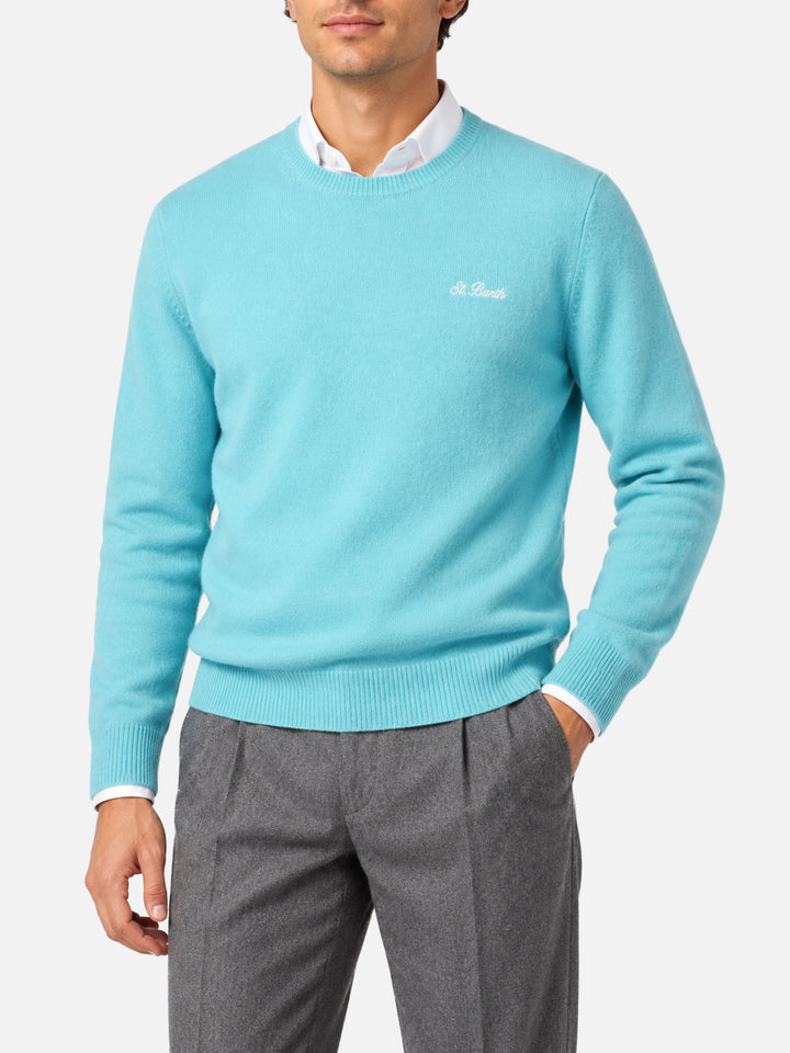 Water green Heron lambswool crewneck sweater with logo embroidery