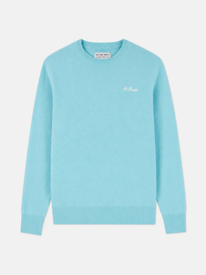 Water green Heron lambswool crewneck sweater with logo embroidery