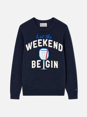 Navy blue Heron crewneck sweater with Weekend Be Gin jacquard