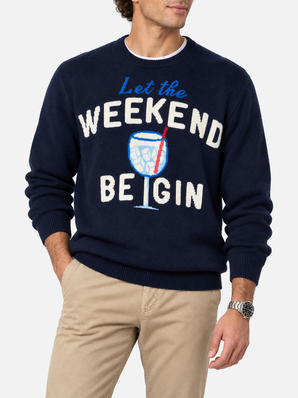 Navy blue Heron crewneck sweater with Weekend Be Gin jacquard