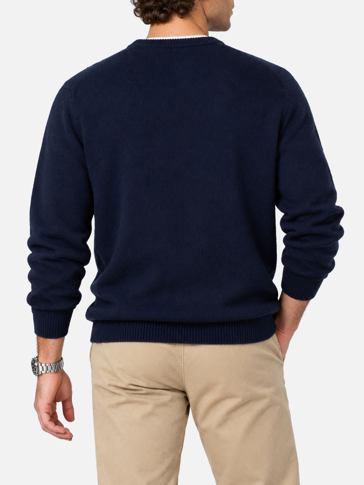 Navy blue Heron crewneck sweater with Weekend Be Gin jacquard