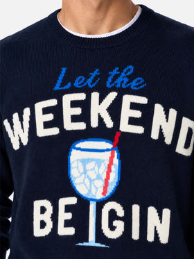 Navy blue Heron crewneck sweater with Weekend Be Gin jacquard