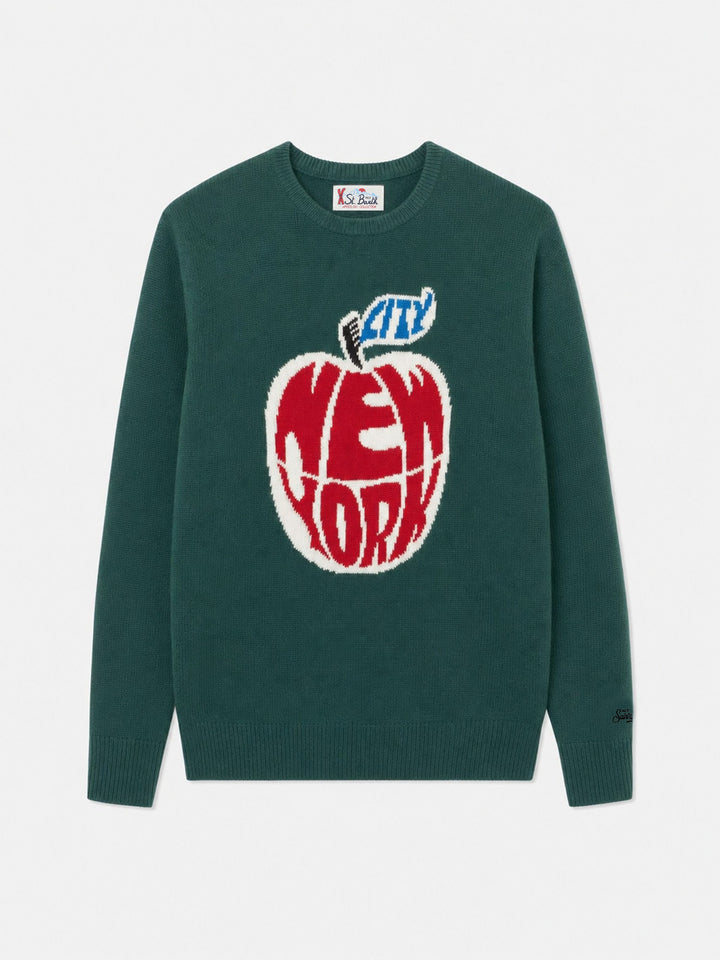 Dark green Heron sweater with New York apple jacquard