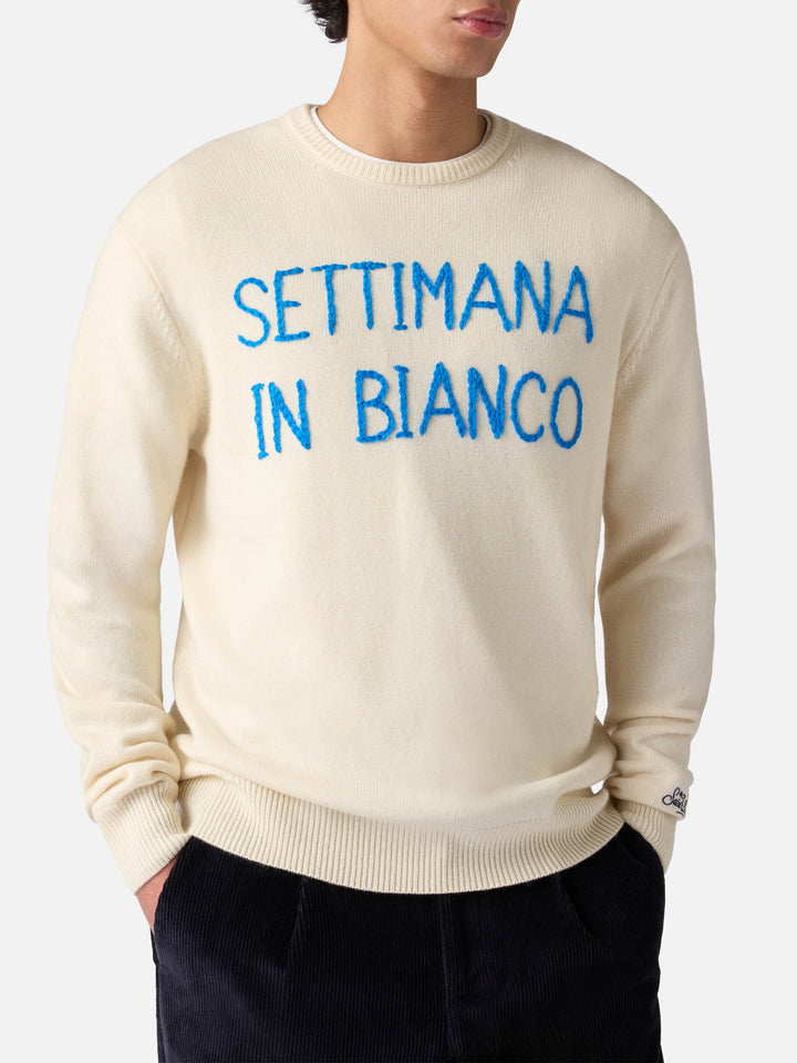 Weißer Herrenpullover mit Settimana in Bianco-Stickerei