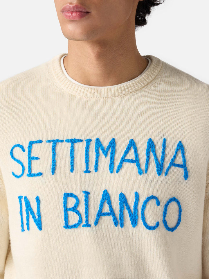 Weißer Herrenpullover mit Settimana in Bianco-Stickerei