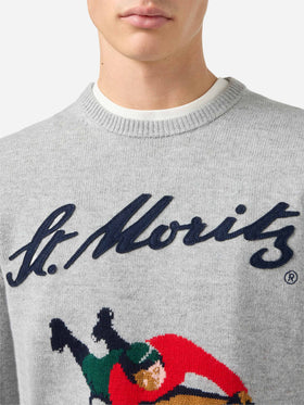 Heron crewneck in grey with St. Moritz jacquard and patch | ST. MORITZ TOP OF THE WORLD SPECIAL EDITION