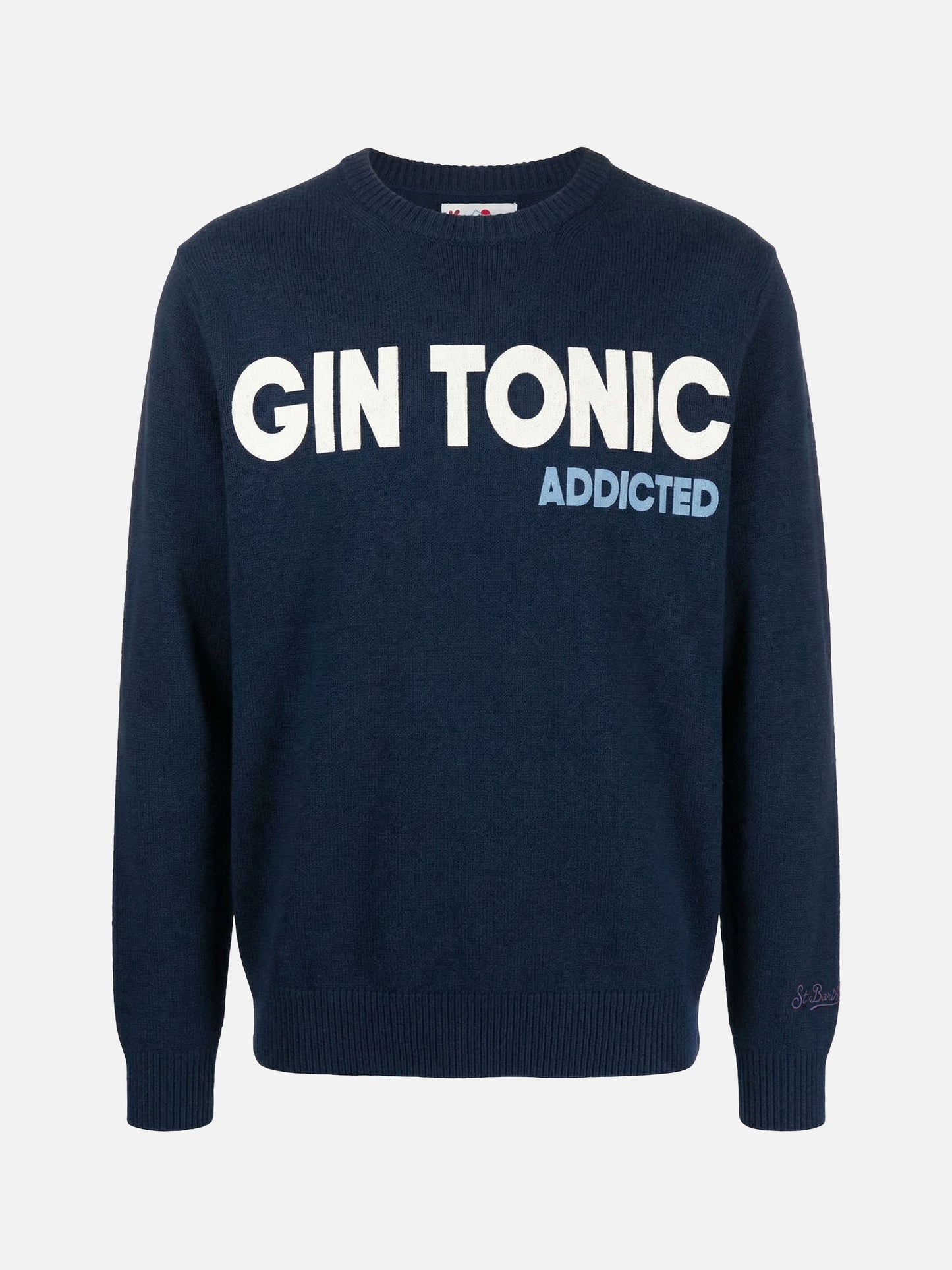 Navy blue crewneck Heron with Gin tonic addicted jacquard