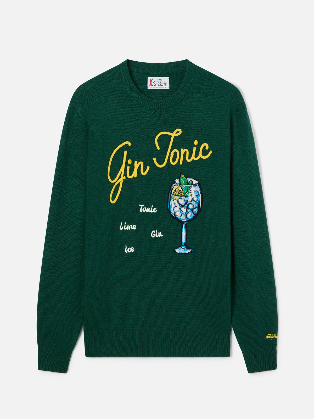 Green Heron crewneck knit with Gin Tonic intarsia and embroidery