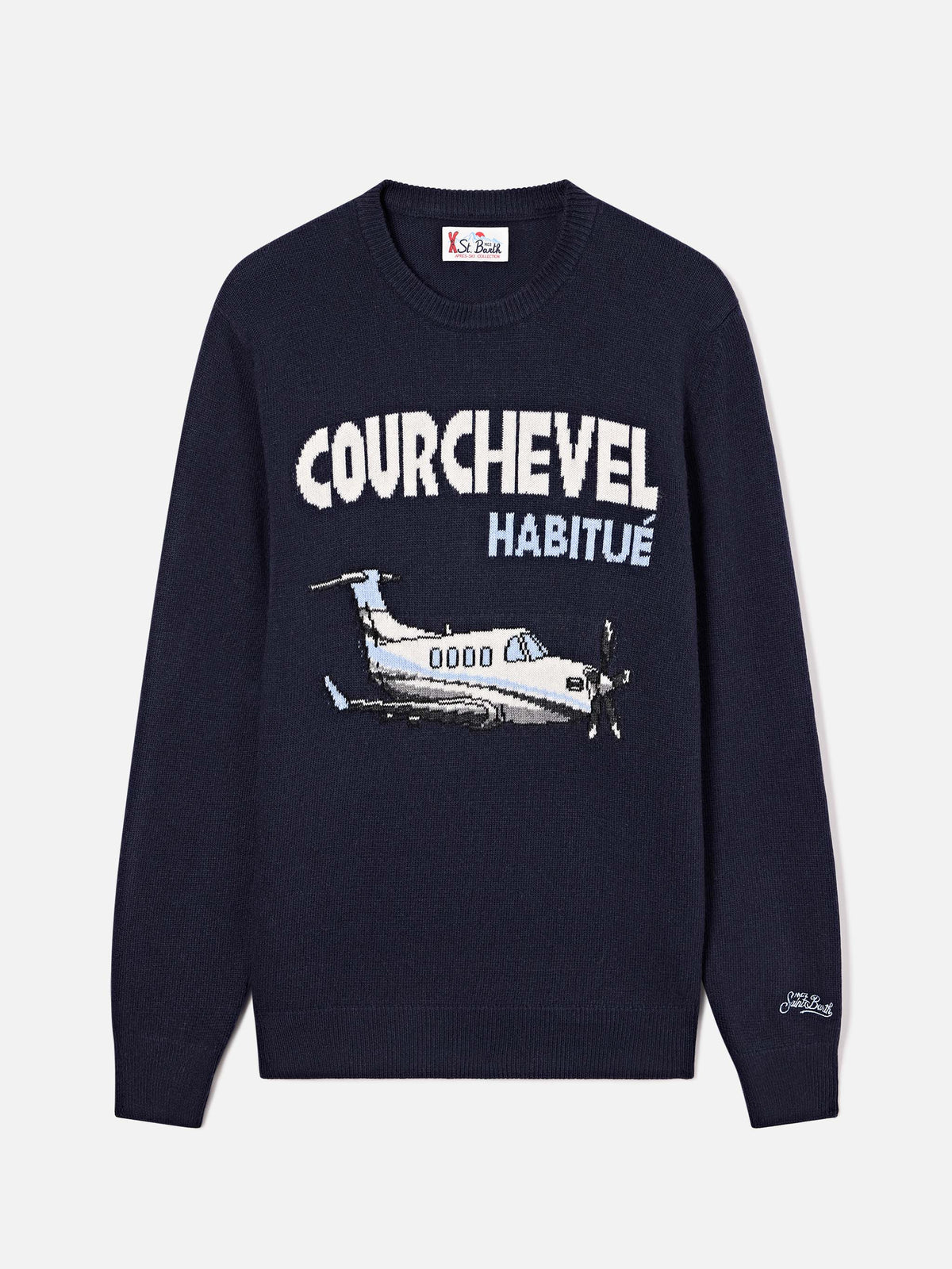 Navy blue Heron crewneck knit with Courchevel Habitué intarsia