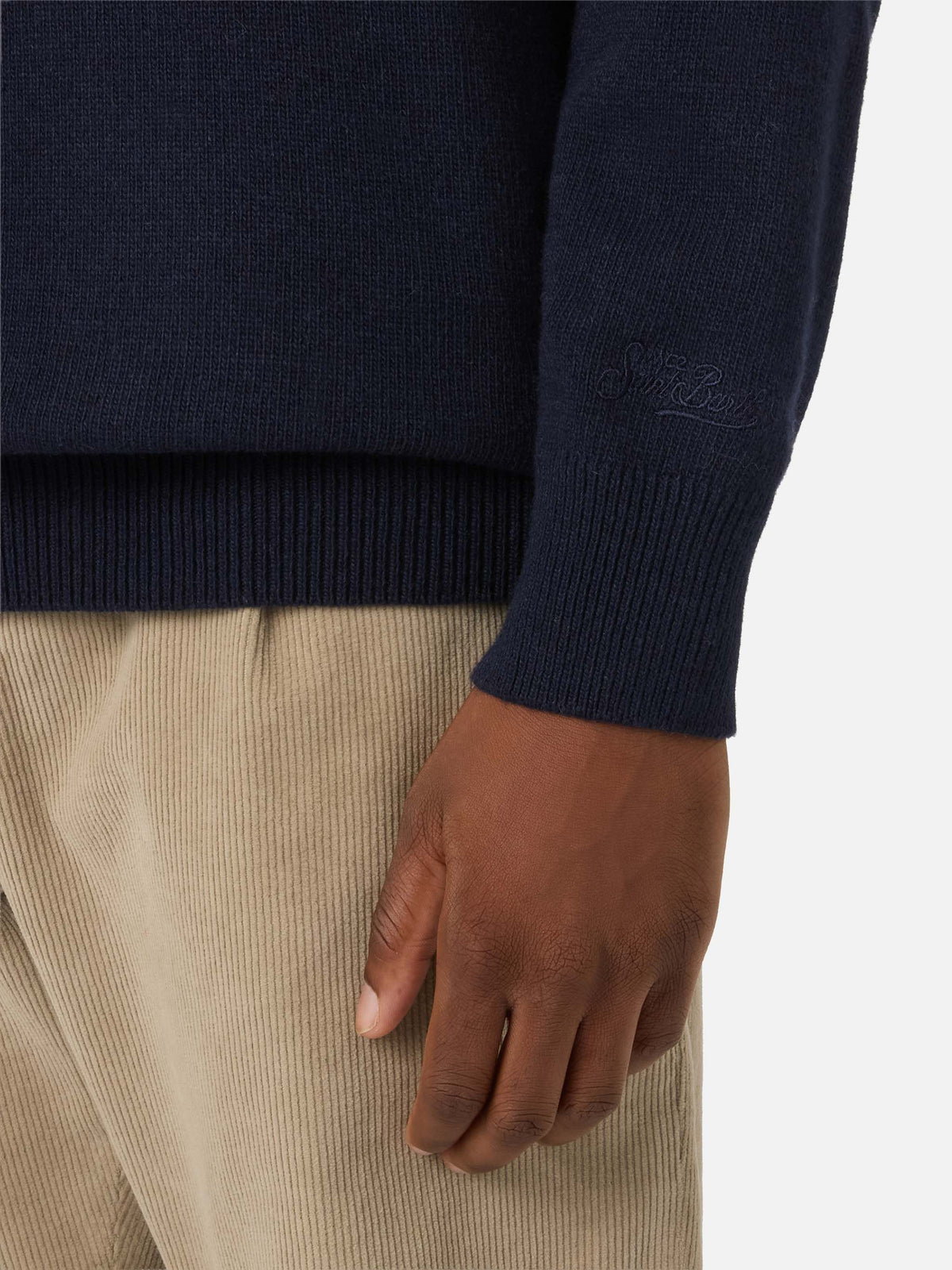Navy blue Heron crewneck knit with Gstaad Habitué intarsia