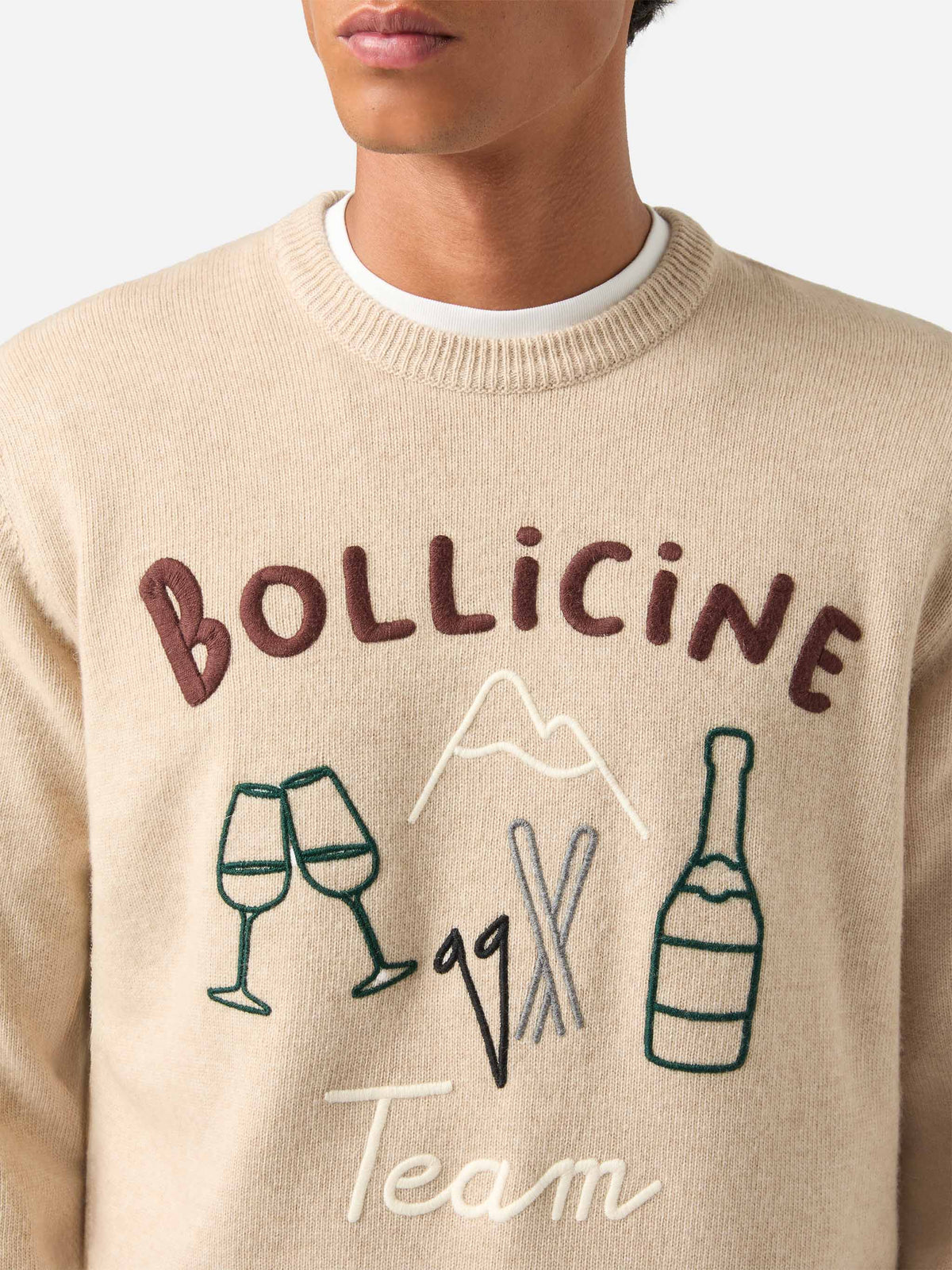 Beiger Rundhalspullover mit Heron-Motiv, Bollicine Team Intarsie und Stickerei 