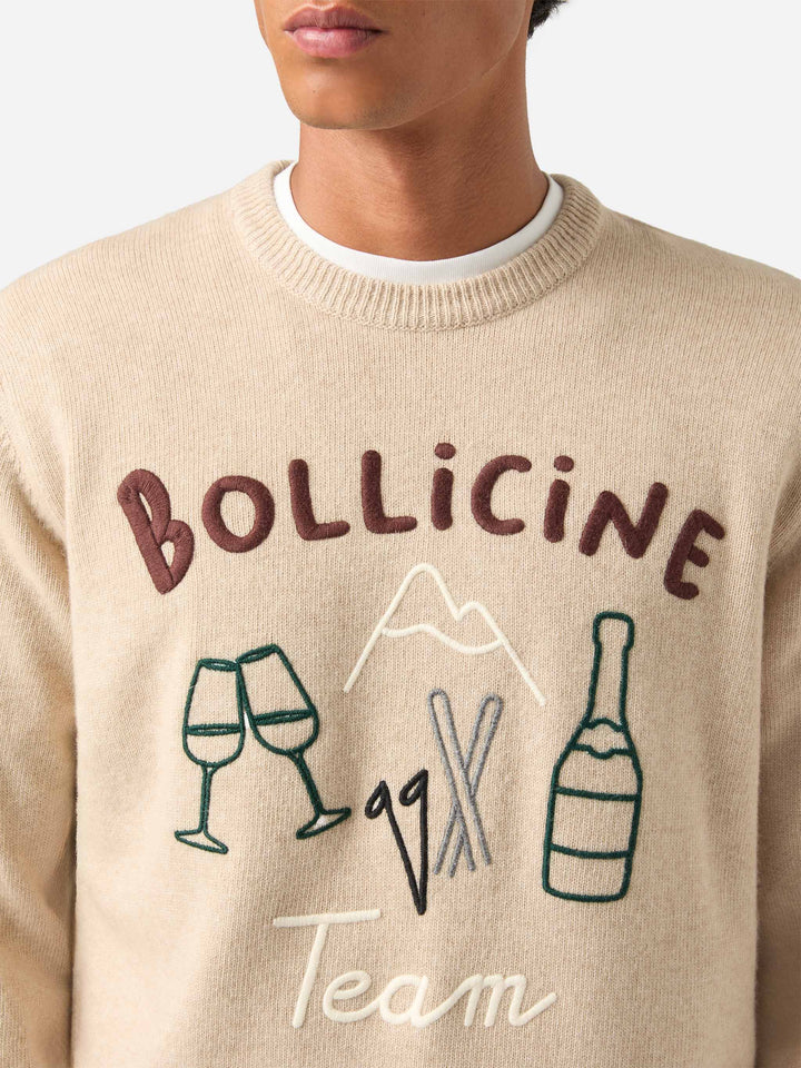 Jersey de punto beige con cuello redondo Heron con intarsia y bordado Bollicine Team 
