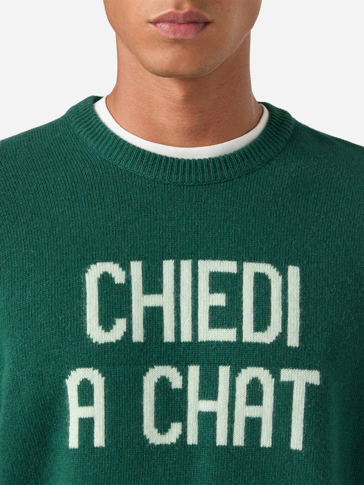 Crewneck-Strickpullover Green Heron mit Chiedi A Chat-Intarsie 