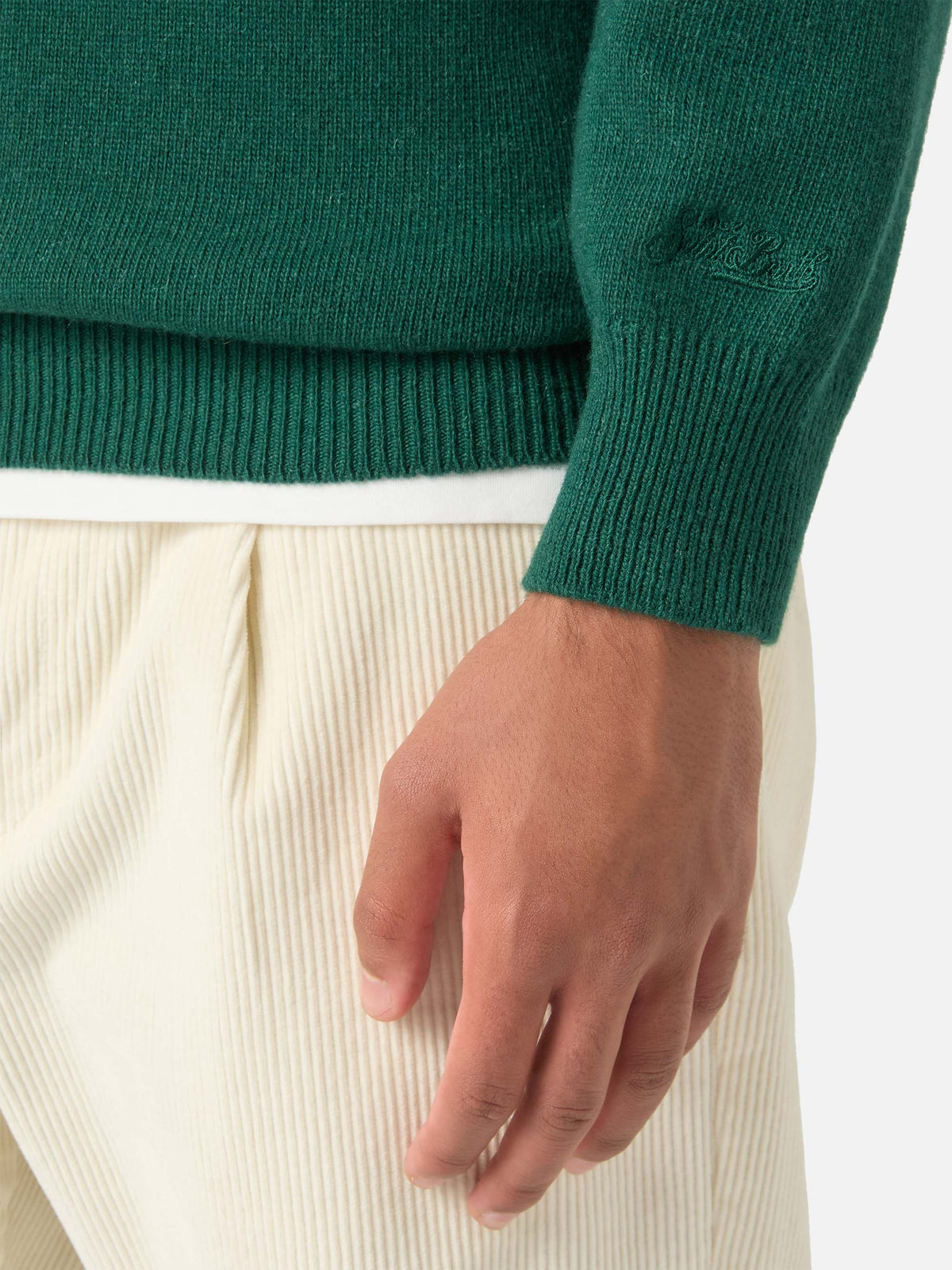 Crewneck-Strickpullover Green Heron mit Chiedi A Chat-Intarsie 