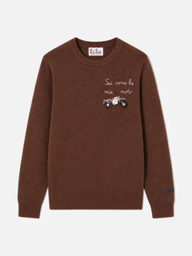 Maglia girocollo Heron marrone con ricamo Sei come la mia moto