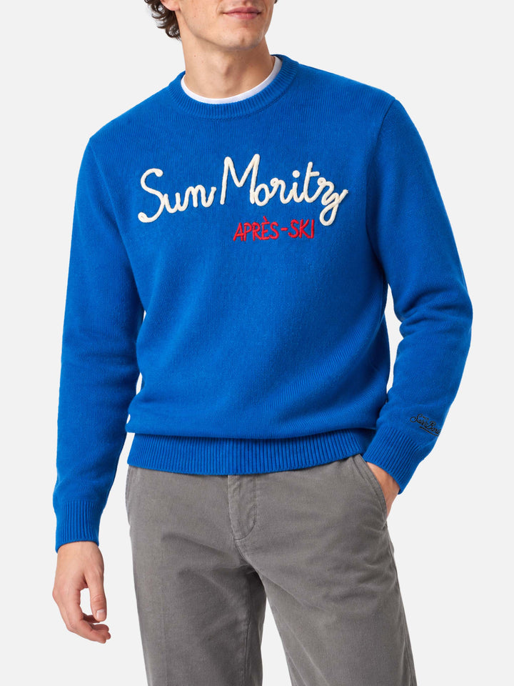 Blue Heron crewneck sweater with St. Moritz Après Ski embroidery